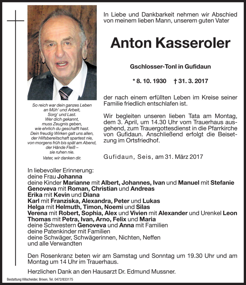  Traueranzeige für Anton Kasseroler vom 01.04.2017 aus Dolomiten