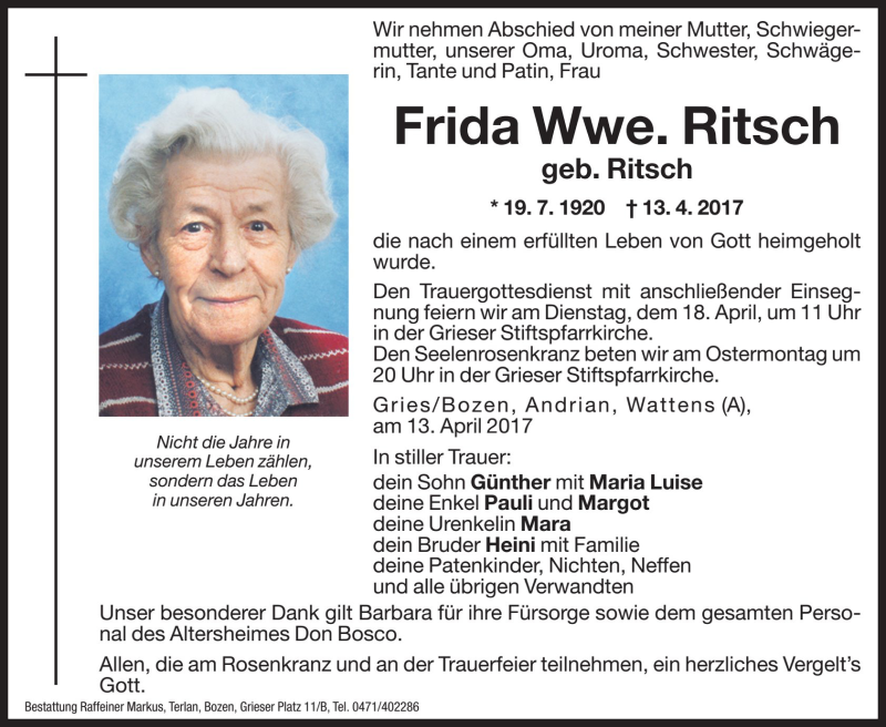  Traueranzeige für Frieda Ritsch vom 14.04.2017 aus Dolomiten