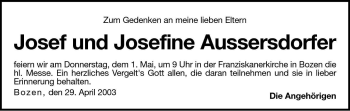 Traueranzeige von Josefine Aussersdorfer von Dolomiten
