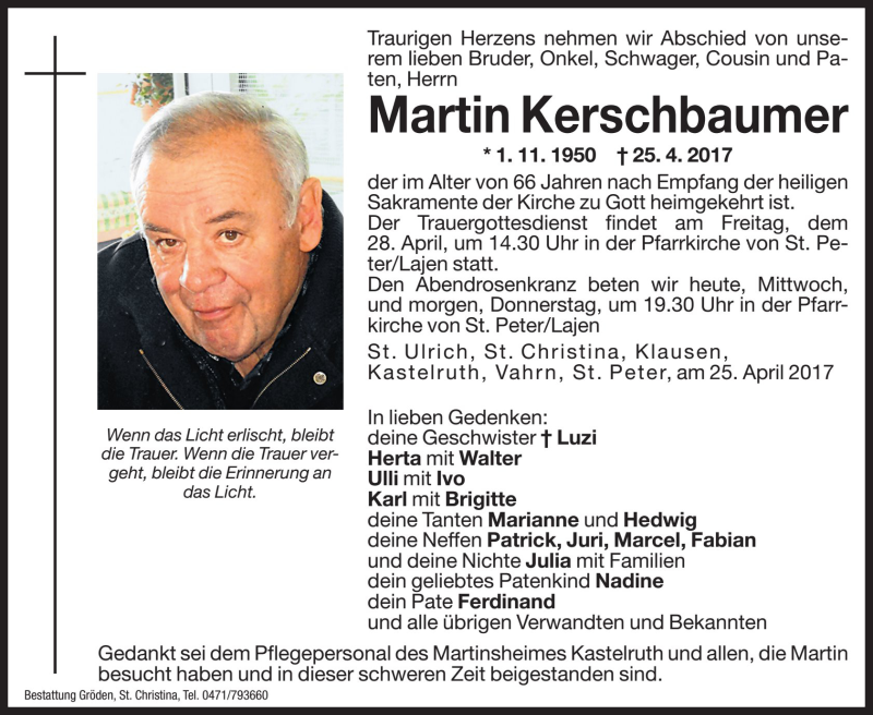  Traueranzeige für Martin Kerschbaumer vom 26.04.2017 aus Dolomiten