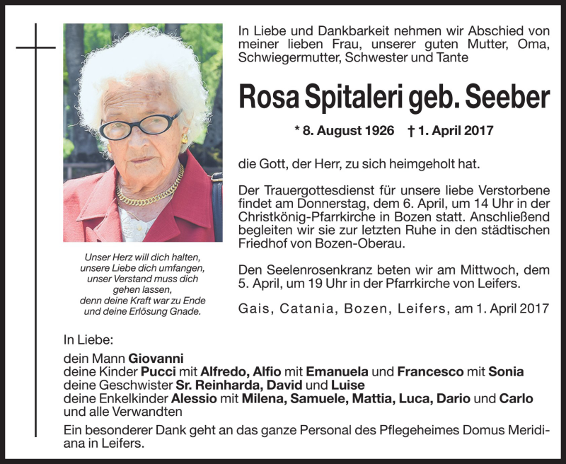  Traueranzeige für Rosa Spitaleri vom 04.04.2017 aus Dolomiten