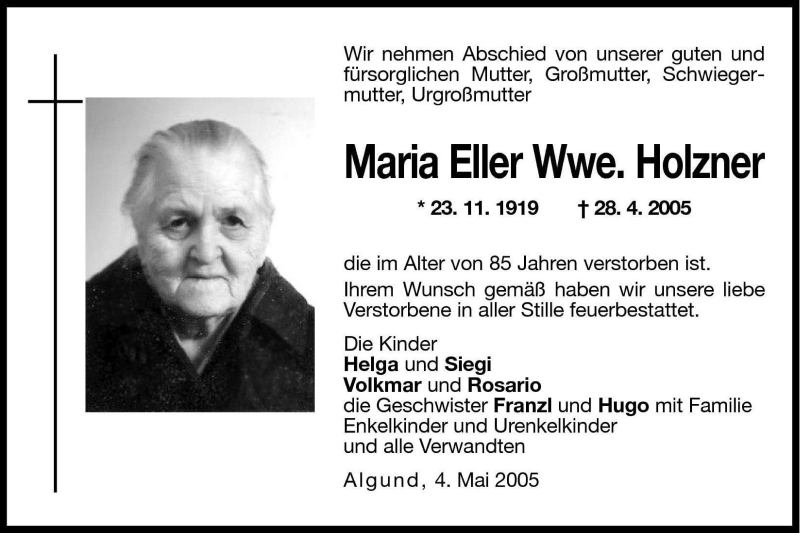  Traueranzeige für Maria Holzner vom 05.05.2005 aus Dolomiten