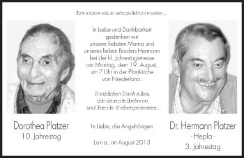 Traueranzeige von Dorothea Platzer von Dolomiten