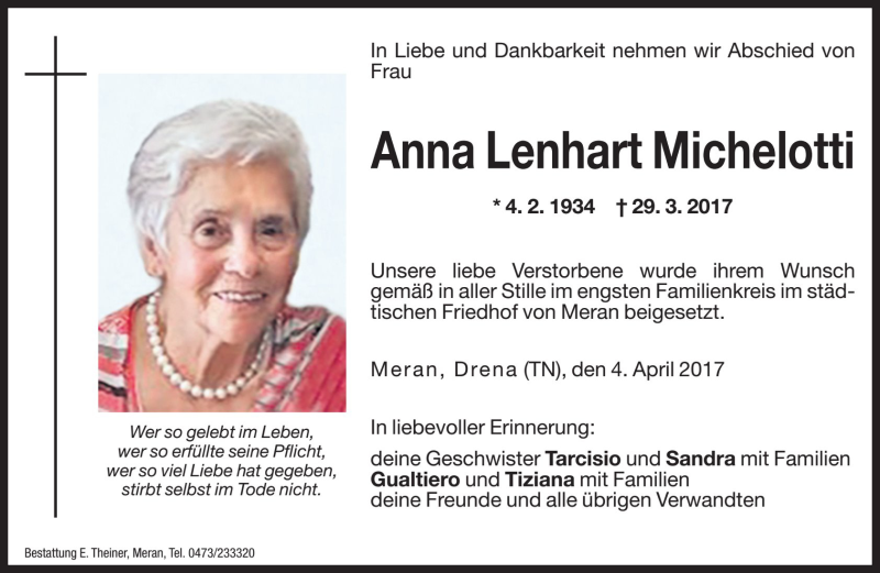  Traueranzeige für Anna  Lenhart Michelotti vom 04.04.2017 aus Dolomiten