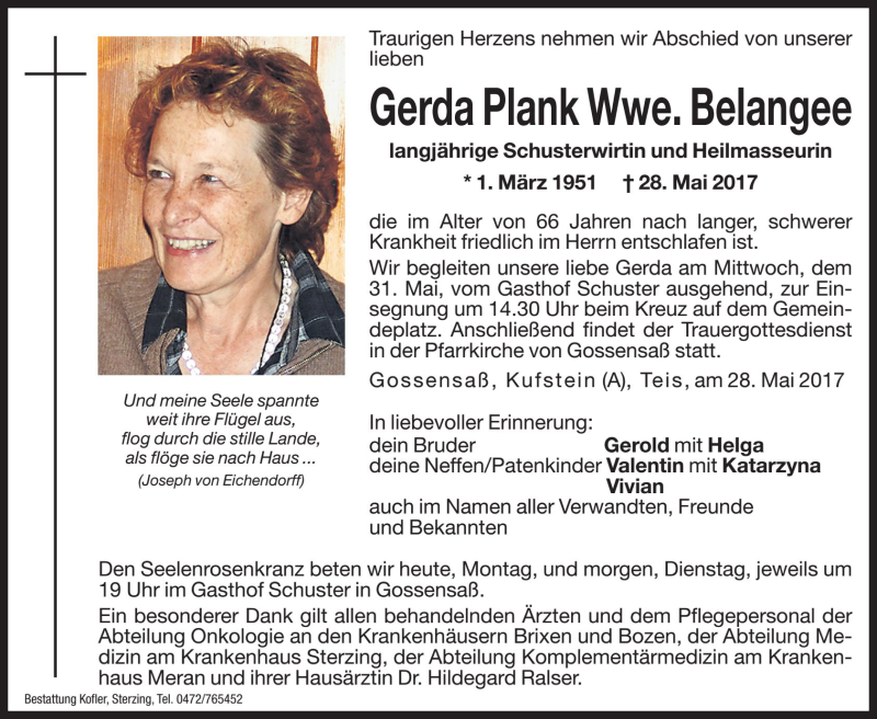  Traueranzeige für Gerda Belangee vom 29.05.2017 aus Dolomiten