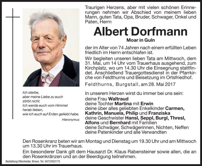  Traueranzeige für Albert Dorfmann vom 29.05.2017 aus Dolomiten