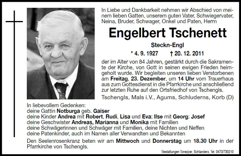  Traueranzeige für Engelbert Tschenett vom 21.12.2011 aus Dolomiten