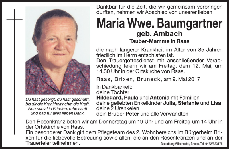  Traueranzeige für Maria Baumgartner vom 11.05.2017 aus Dolomiten