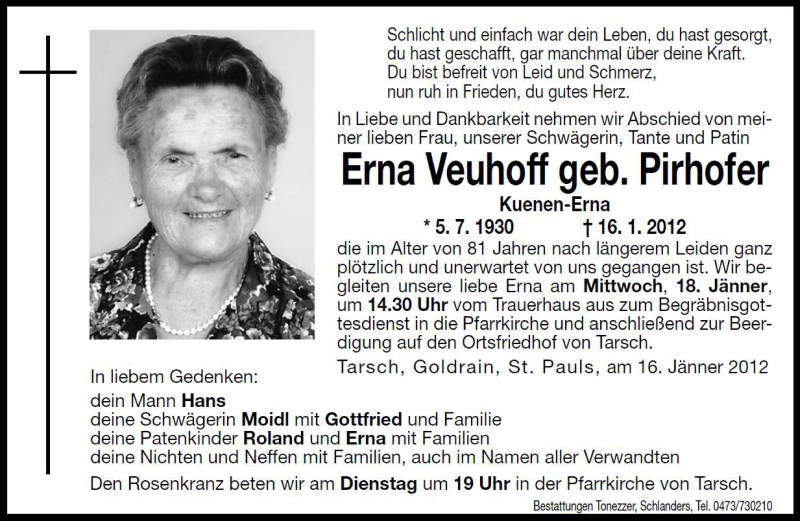  Traueranzeige für Erna Veuhoff vom 17.01.2012 aus Dolomiten