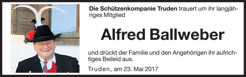  Traueranzeige für Alfred Ballweber vom 23.05.2017 aus Dolomiten