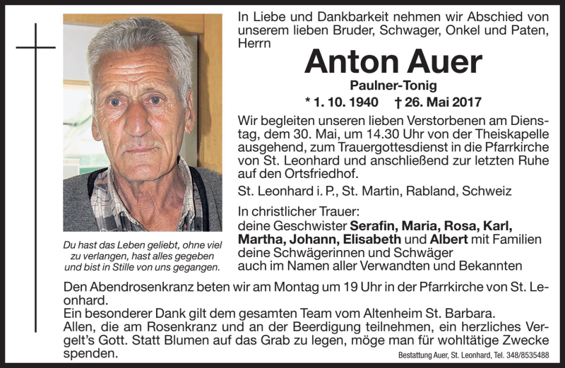 Traueranzeigen Von Anton Auer | Trauer.bz