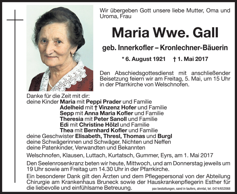  Traueranzeige für Maria Gall vom 03.05.2017 aus Dolomiten