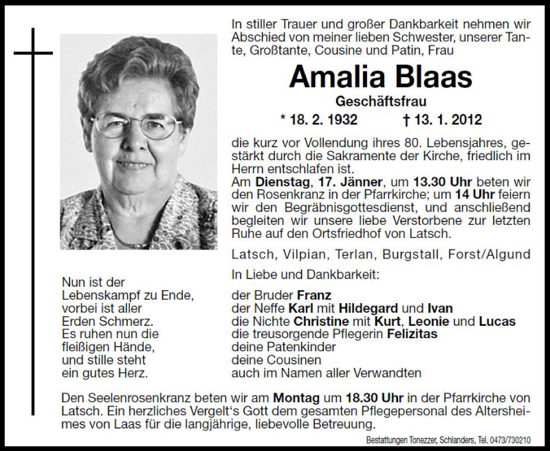  Traueranzeige für Amalia Blaas vom 16.01.2012 aus Dolomiten