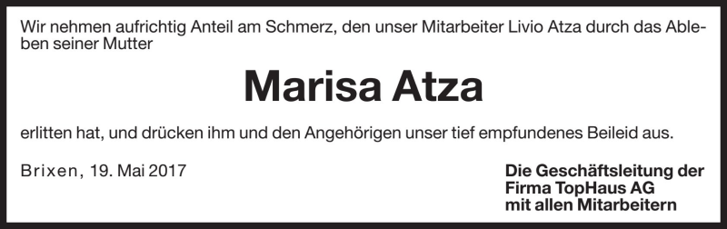  Traueranzeige für Marisa Atza vom 20.05.2017 aus Dolomiten