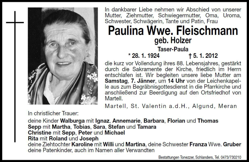  Traueranzeige für Paulina Fleischmann vom 07.01.2012 aus Dolomiten