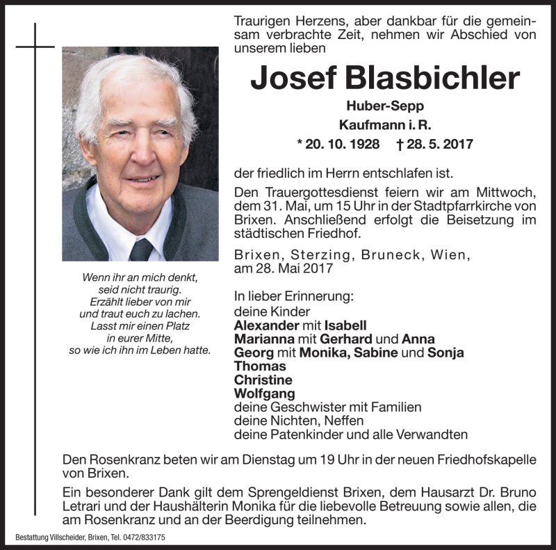  Traueranzeige für Josef Blasbichler vom 29.05.2017 aus Dolomiten