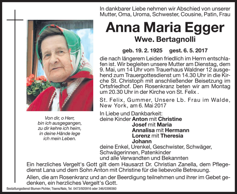 Traueranzeigen Von Anna Maria Bertagnolli | Trauer.bz