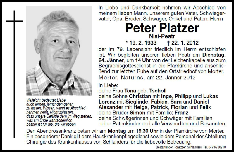  Traueranzeige für Peter Platzer vom 23.01.2012 aus Dolomiten