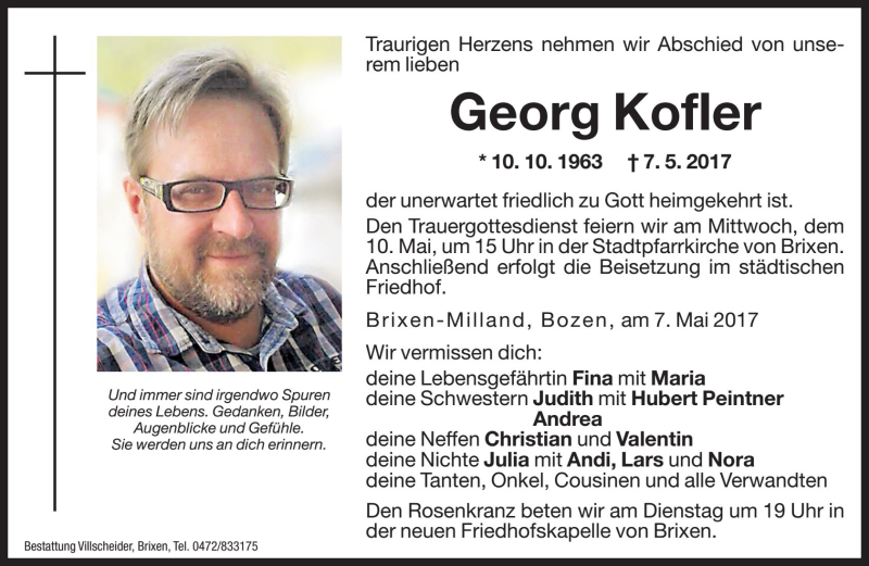  Traueranzeige für Georg Kofler vom 09.05.2017 aus Dolomiten