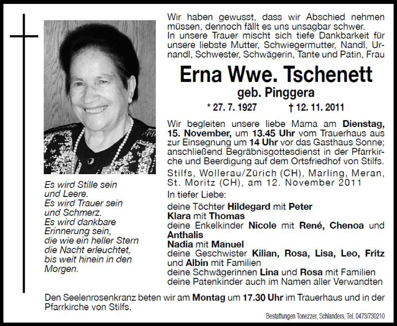  Traueranzeige für Erna Tschenett vom 14.11.2011 aus Dolomiten