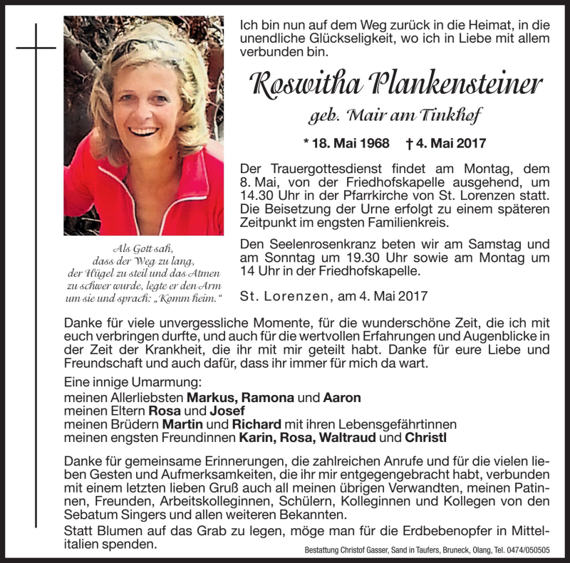  Traueranzeige für Roswitha Plankensteiner vom 05.05.2017 aus Dolomiten