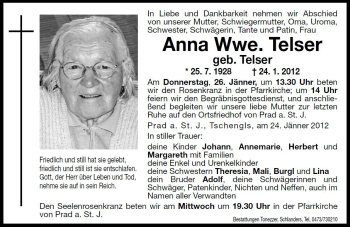 Traueranzeige von Anna Telser von Dolomiten