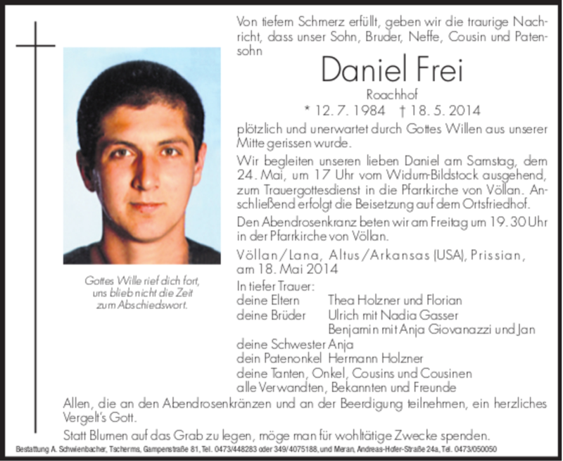  Traueranzeige für Daniel Frei vom 23.05.2014 aus Dolomiten