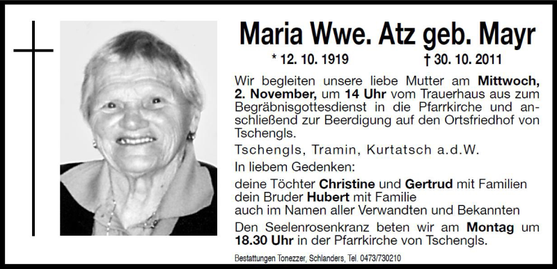  Traueranzeige für Maria Atz vom 31.10.2011 aus Dolomiten