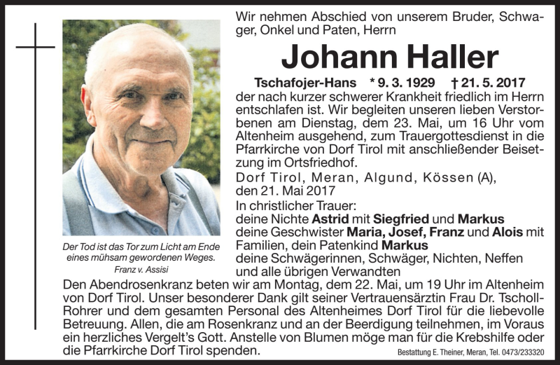  Traueranzeige für Johann Haller vom 22.05.2017 aus Dolomiten