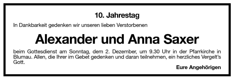  Traueranzeige für Anna Saxer vom 01.12.2001 aus Dolomiten