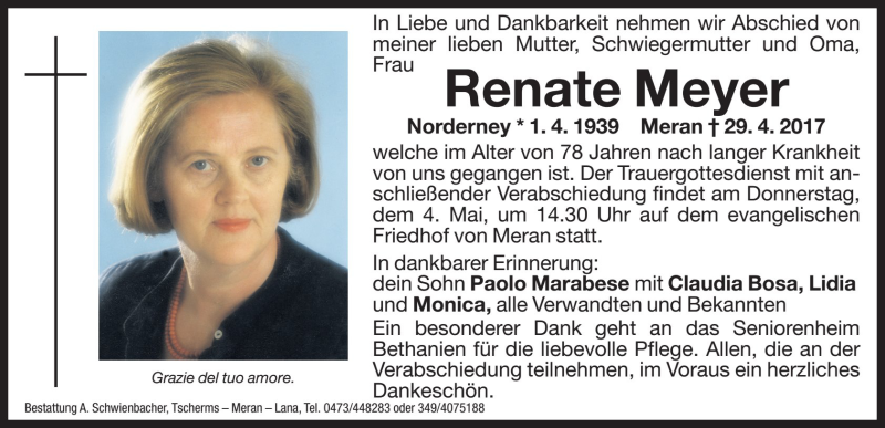  Traueranzeige für Renate Meyer vom 03.05.2017 aus Dolomiten