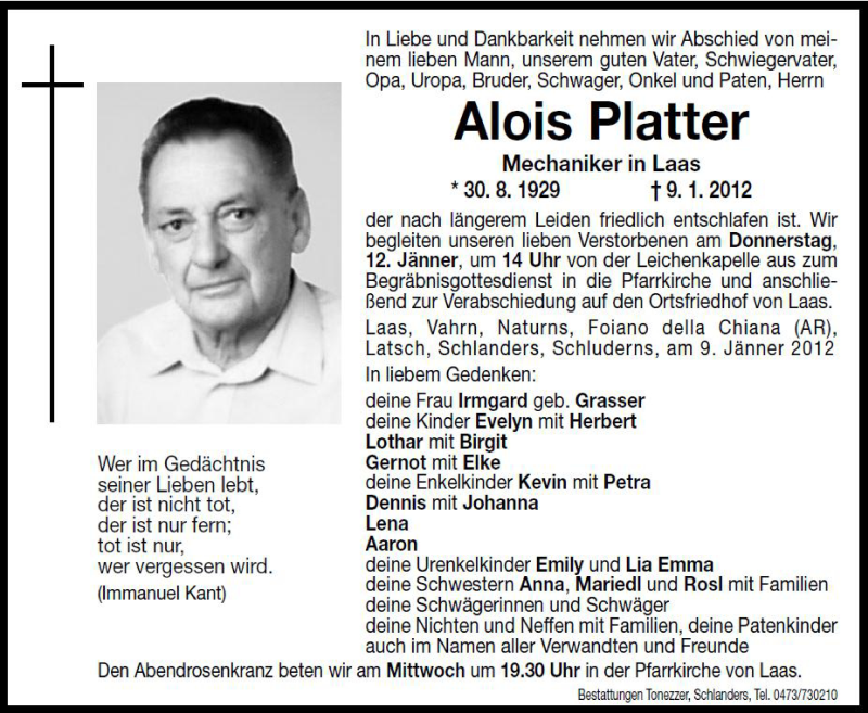  Traueranzeige für Alois Platter vom 11.01.2012 aus Dolomiten