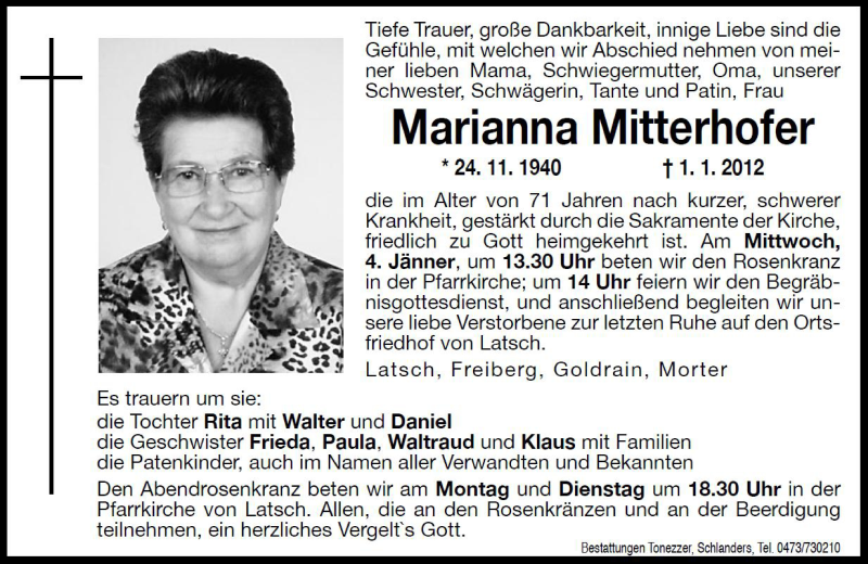  Traueranzeige für Marianna Mitterhofer vom 02.01.2012 aus Dolomiten