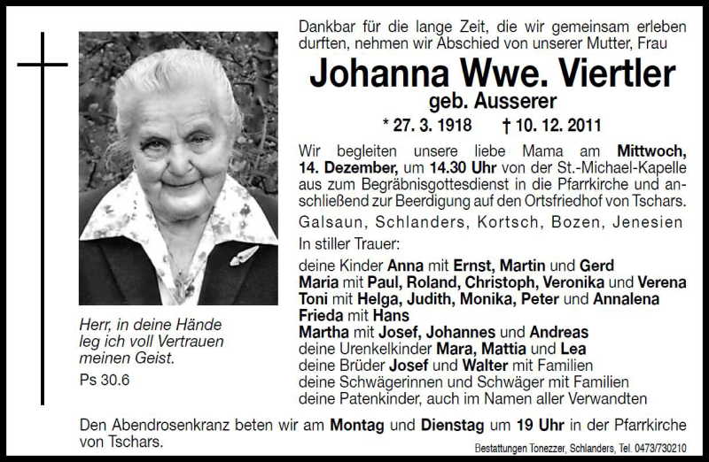  Traueranzeige für Johanna Viertler vom 12.12.2011 aus Dolomiten