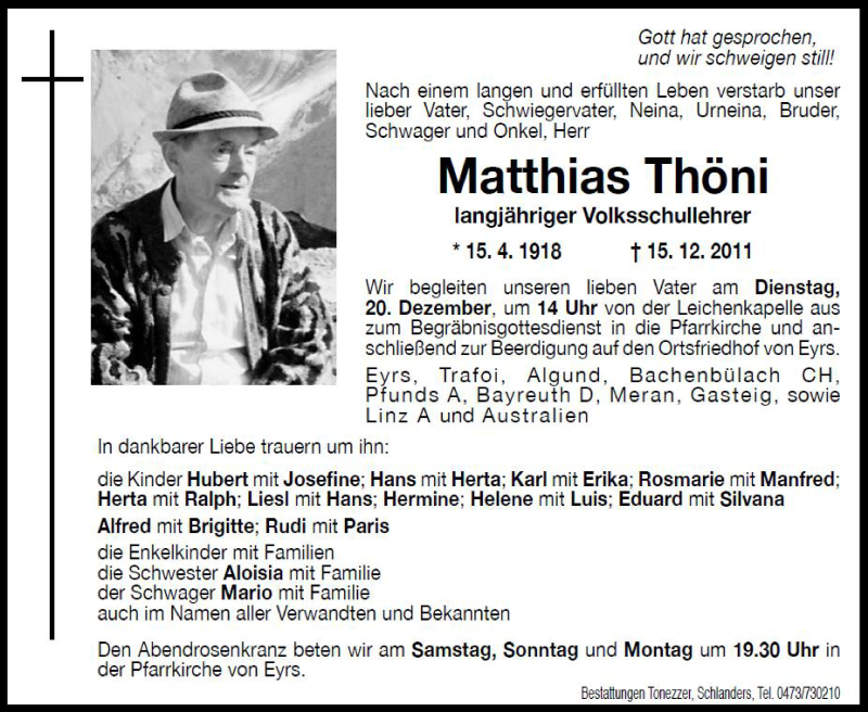  Traueranzeige für Matthias Thöni vom 17.12.2011 aus Dolomiten