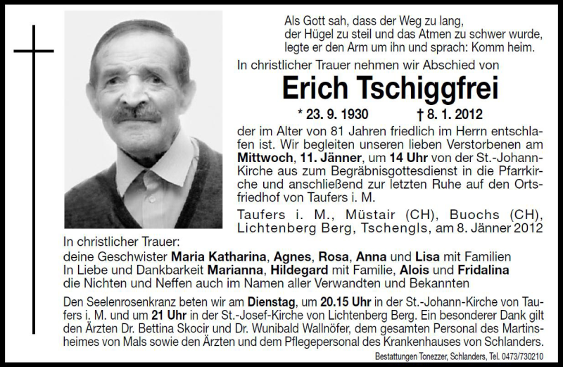  Traueranzeige für Erich Tschiggfrei vom 10.01.2012 aus Dolomiten