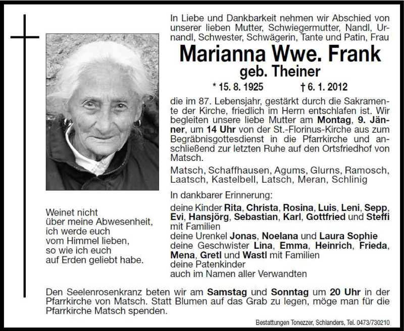  Traueranzeige für Marianna Frank vom 07.01.2012 aus Dolomiten