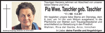 Traueranzeige von Pia Taschler von Dolomiten