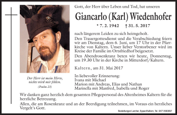 Traueranzeige von Giancarlo Wiedenhofer von Dolomiten