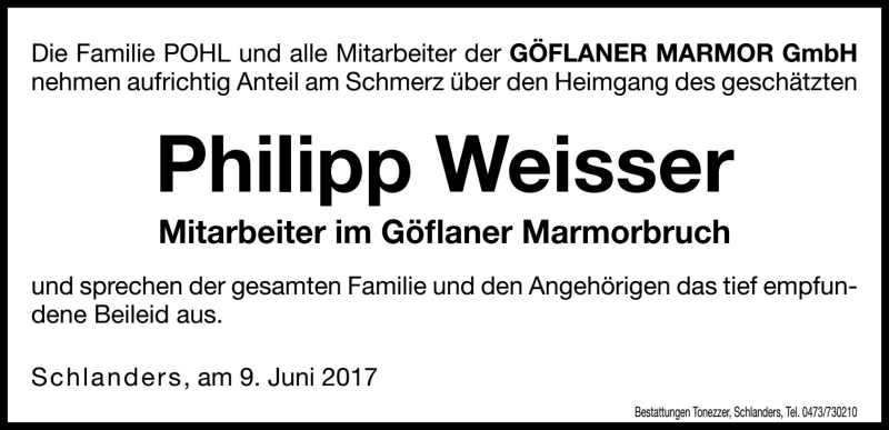  Traueranzeige für Philipp Weisser vom 09.06.2017 aus Dolomiten