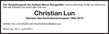 Traueranzeige von Christian Lun von Dolomiten