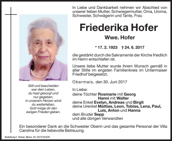 Traueranzeige von Friederika Hofer von Dolomiten