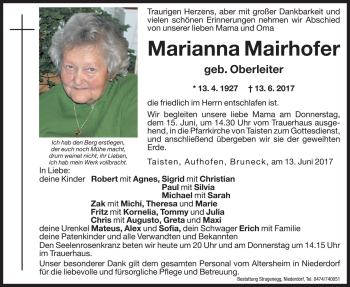 Traueranzeige von Marianna Mairhofer von Dolomiten