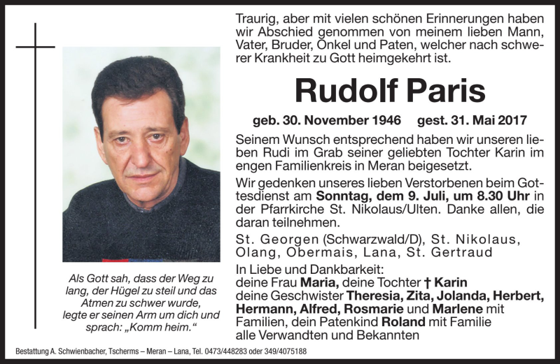  Traueranzeige für Rudolf Paris vom 07.07.2017 aus Dolomiten
