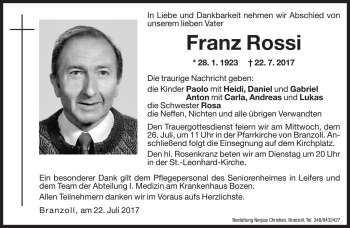 Traueranzeige von Franz Rossi von Dolomiten