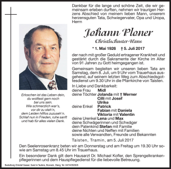 Traueranzeige von Johann Ploner von Dolomiten