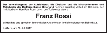 Traueranzeige von Franz Rossi von Dolomiten