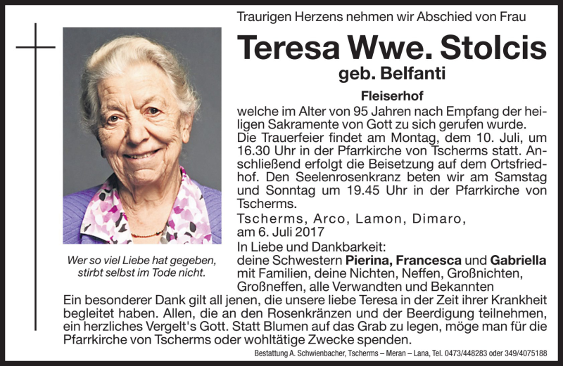  Traueranzeige für Teresa Stolcis vom 08.07.2017 aus Dolomiten