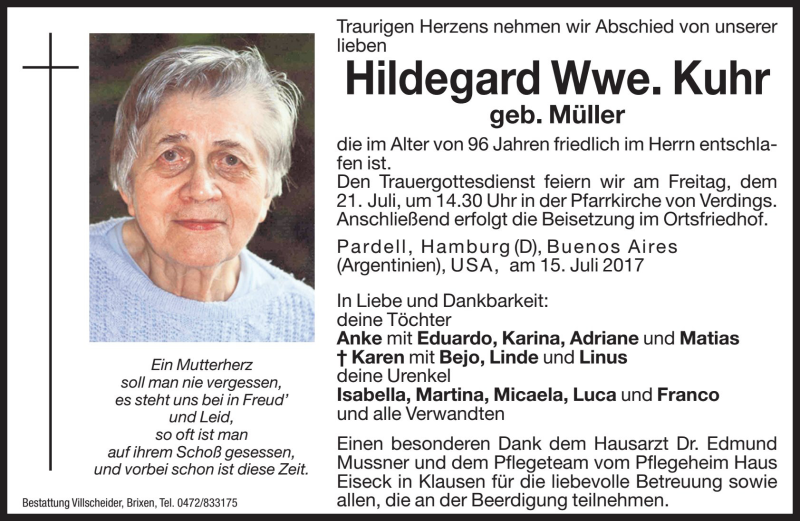  Traueranzeige für Hildegard Kuhr vom 20.07.2017 aus Dolomiten