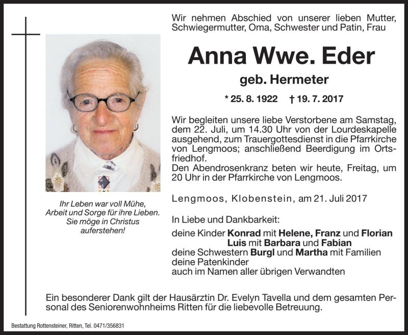  Traueranzeige für Anna Eder vom 21.07.2017 aus Dolomiten